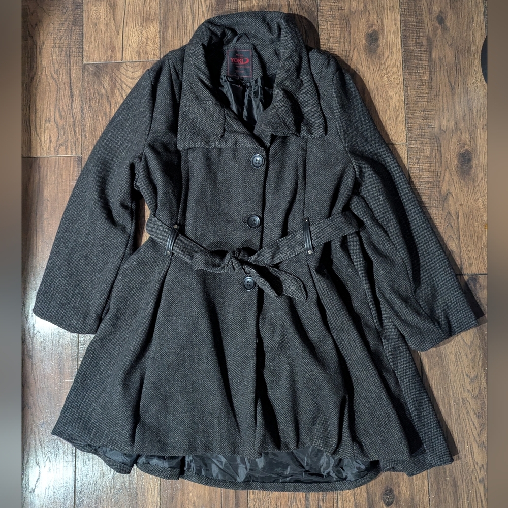 Yoki Women's Mid-Length Flare Wool Blend Gray Herringbone Coat w/ Belt Size 3XL